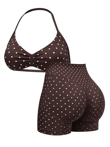 Polka Dot Yoga Set Halter Sports Bra High Waist Booty Shorts Push Up Gym Outfit for Running Fitness