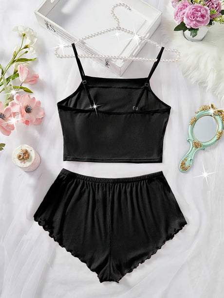 Women’s 2 Piece Solid Color Pajama Set, Square Neck Crop Cami Top and Ruffle Trim Split Shorts, Ribbed Sleepwear Loungewear