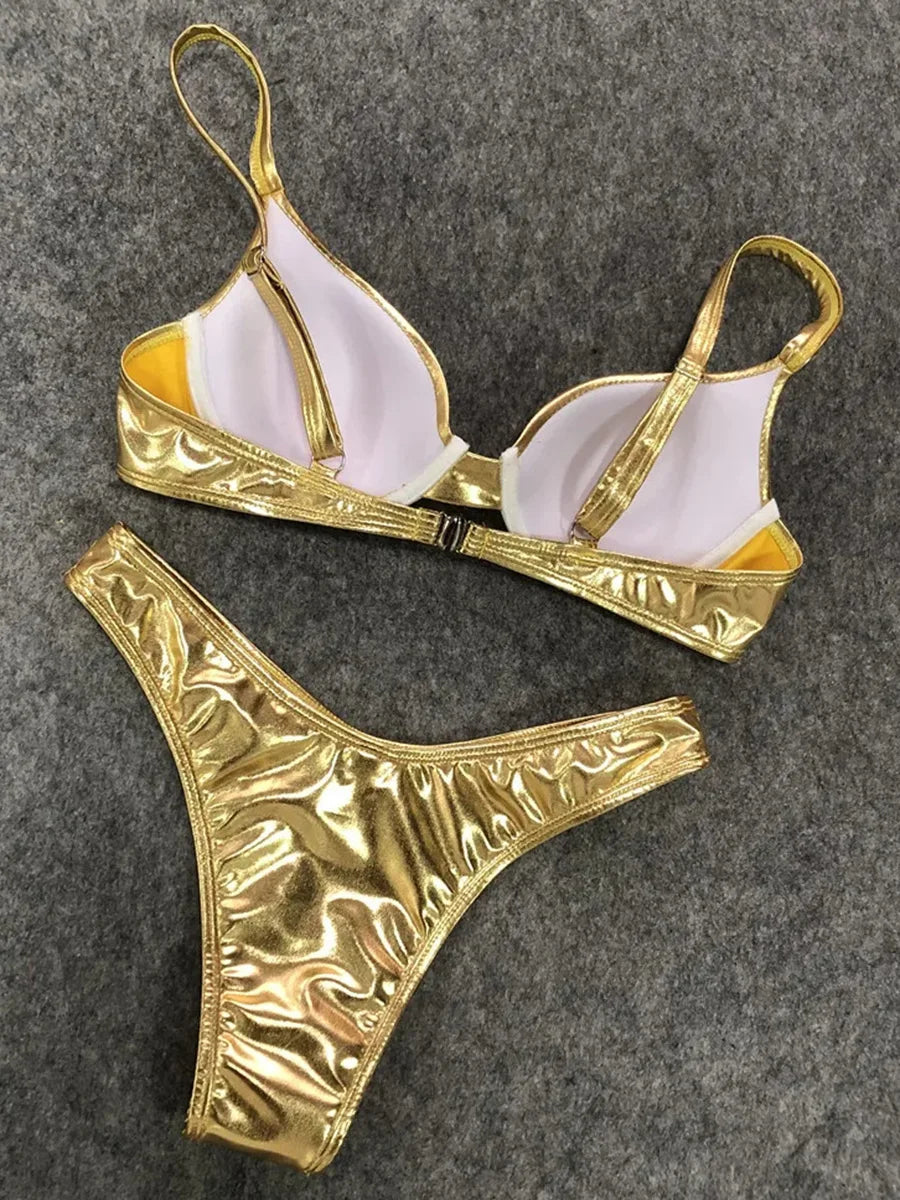 Shiny PU Faux Leather Bikini Push Up Swimsuit Women Swimwear Female Two-pieces Bikini set Bra Cup Bather Bathing Suit Swim