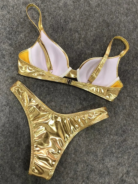 Shiny PU Faux Leather Bikini Push Up Swimsuit Women Swimwear Female Two-pieces Bikini set Bra Cup Bather Bathing Suit Swim