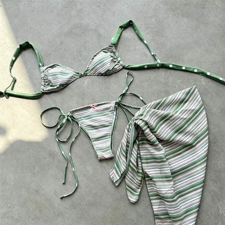 With Sarong Striped Bikini Female Swimsuit Women Swimwear Bather Bathing Suit Swim Three-pieces Bikini Set Strappy Padded K8453
