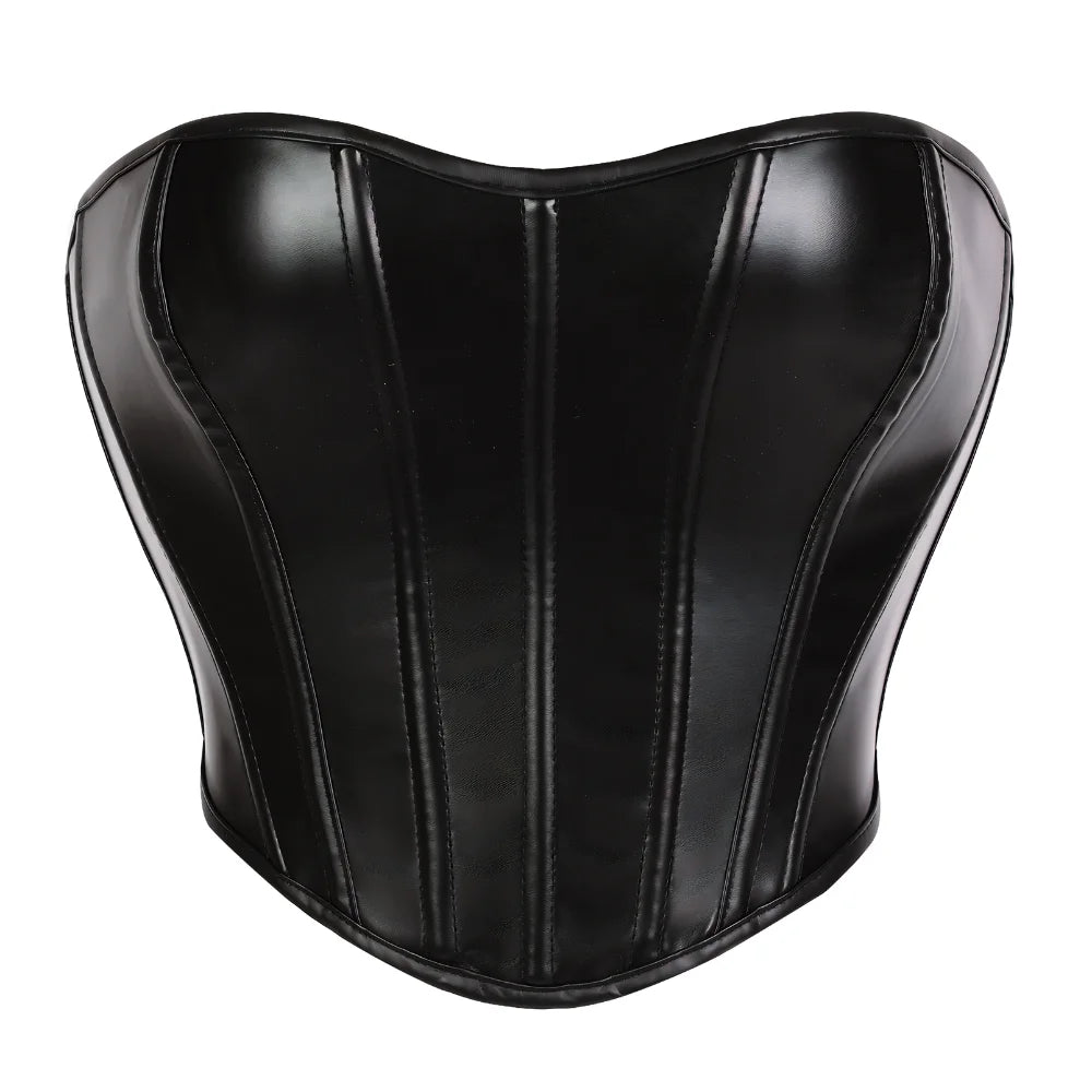 Women Faux Leather Strapless Corset Boned Back Lace Up Waist Cincher Gothic Party Club Night Out Wear