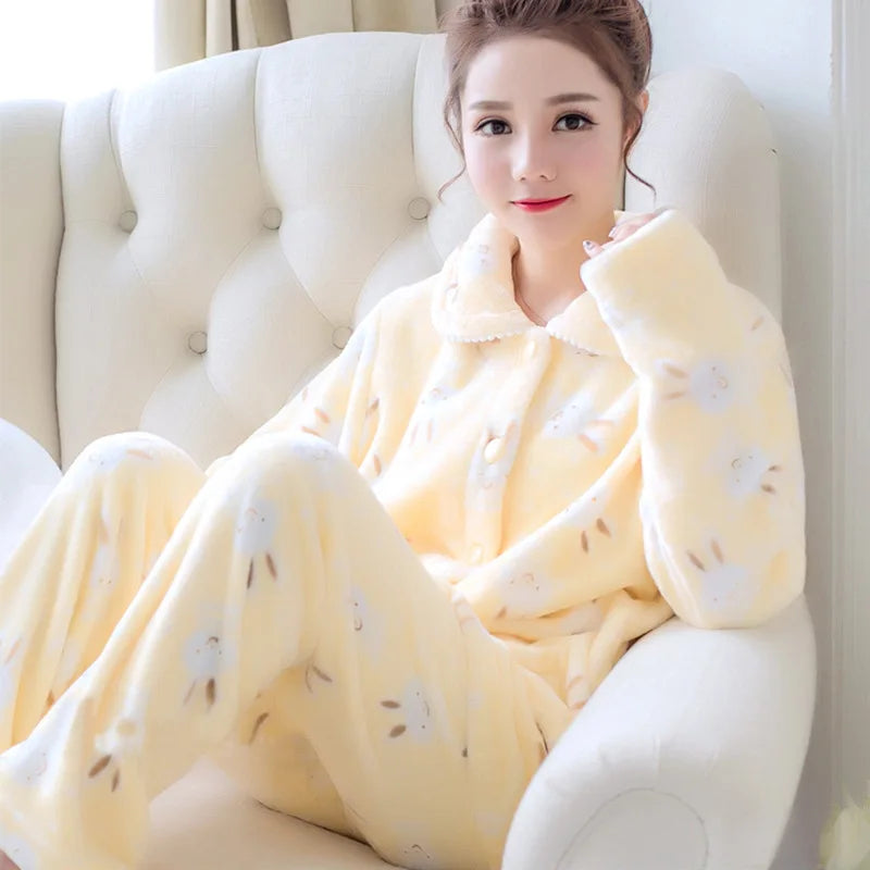 Women's Flannel Fleece Pajama Set Cute Cartoon Print Lapel Button Down Long Sleeve Warm Winter Loungewear Sleepwear Sets