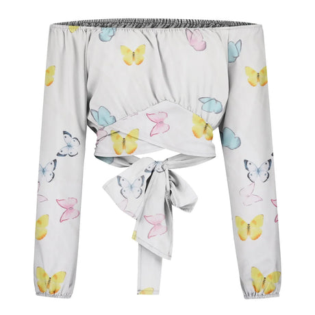 Women Sexy Off Shoulder Printing Blouses Chic and Elegant Lantern Long Sleeve Lace Up Bow Cropped Tops Casual Slim Shirts 2023