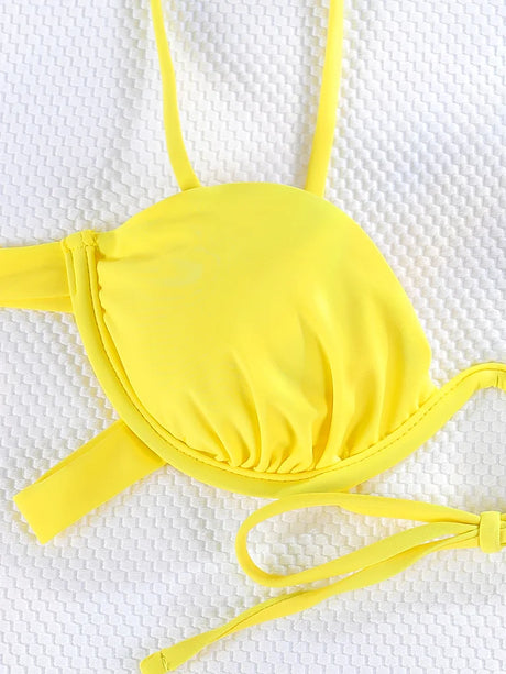 Solid Color Swimwear Ties Yellow Swimsuit Women Micro Bikini Thongs Summer Push Up Biquini Brazilian String Bathing Suit