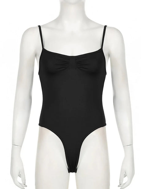 Women's Sleeveless Skinny Shirring Bodysuit Spaghetti Strap Black Solid Simple Basic Sexy Camisole for Vacation