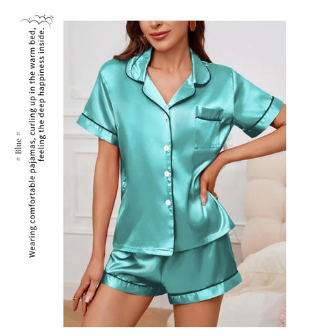 Women's Pajamas Set Satin Sleepwear Button Down Tops and Shorts Pajama 2 Piece Suit Pyjama Femme Nightwear Loungewear for Summer