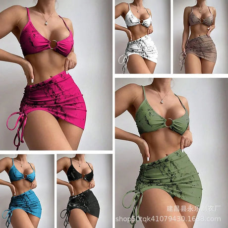 Bikini Printed Crop Neck Bikinis Ruched Waist Side Tie Swimwear Marble Print Metal Ring Detail Two Piece Sets