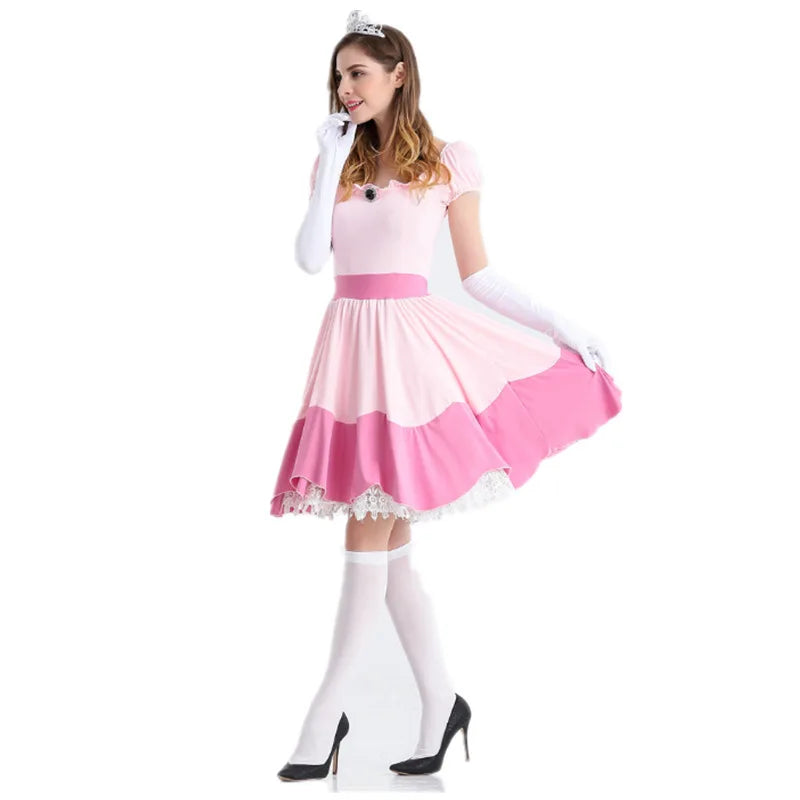 Carnival Halloween Lady Peach Princess Queen Costume Birthday Party Pink Dress Outfit Cosplay Fancy Party Dress
