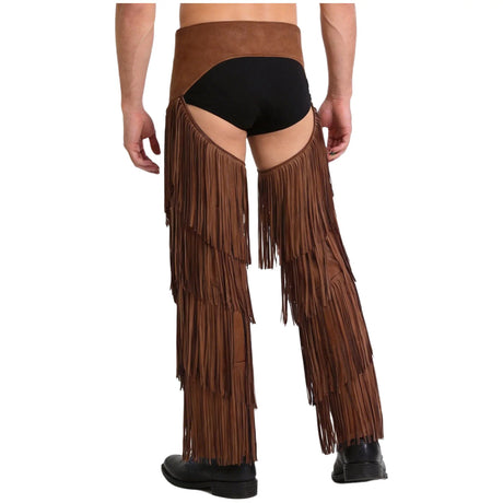 Mens Western Cowboy Chaps Fuax Suede Tassel Hollow Out Open Crotch Long Pants Adjustable Buckles Waist Motorcycle Biker Trousers