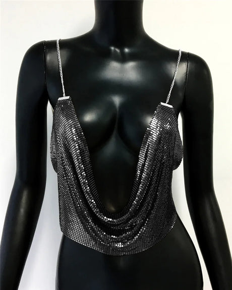 Fashion Metallic Sequins Party Tank Top Sexy Deep V Neck Backless Spaghetti Straps Sling Crop Top 2024 Rave Nightclub Camisole
