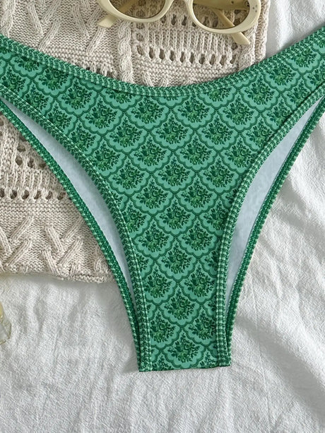 Sexy Bandeau Bikini Women Green Floral Pleate Push Up Padded Thong Swimsuit Summer Bathing Suit Two Piece Swimwear Biquini