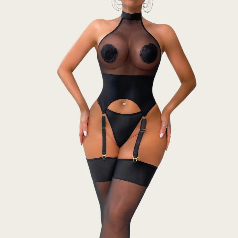 Erotic Bodysuits Sexy Womens Outfit Hot Sheer Halter Top Thong Stockings Nipple Sticker Underwear Cool Girls' Sexy Party Costume