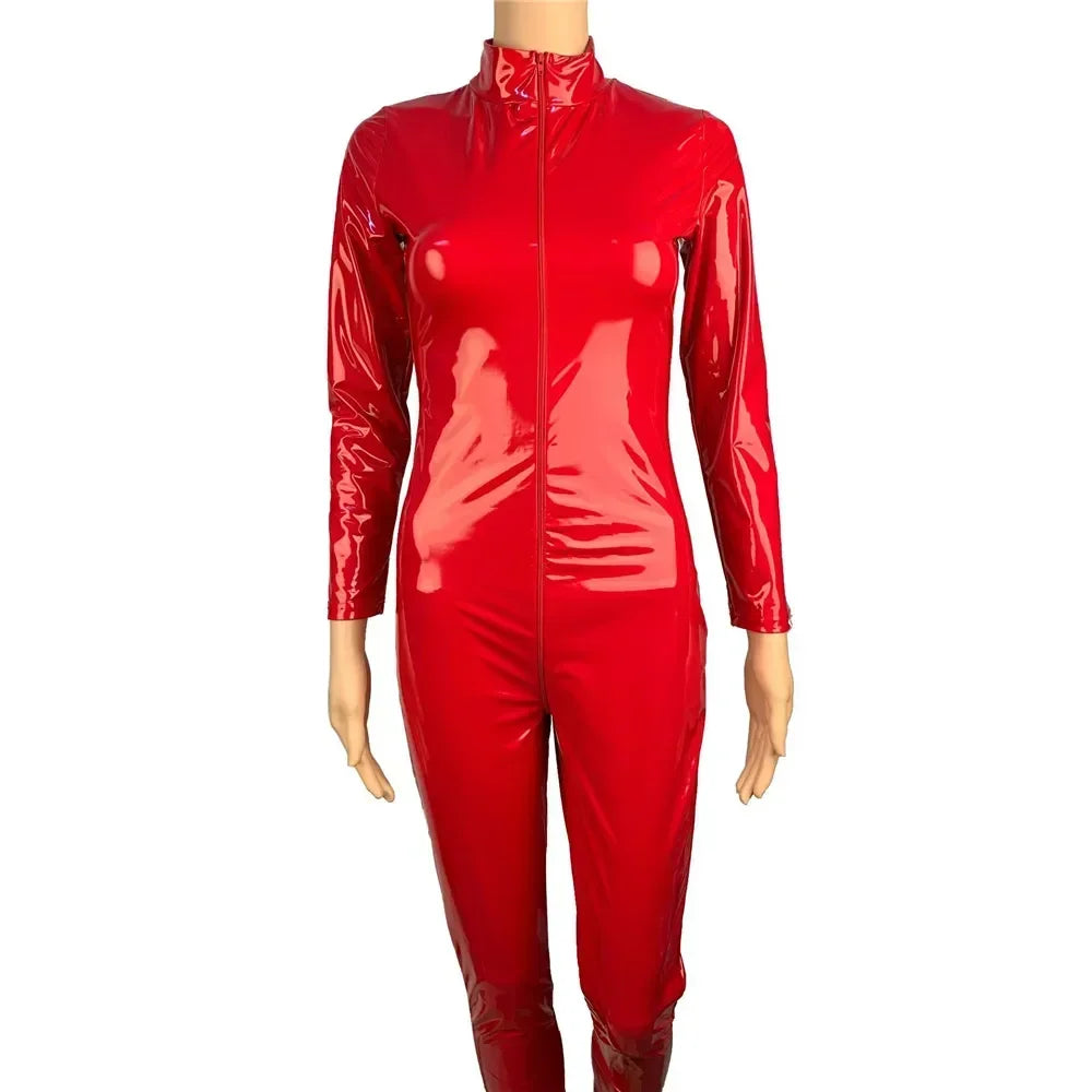 Sexy Hot Women Faux Leather Catsuit PVC Latex Bodysuit Front Zipper Open Crotch Jumpsuits Stretch Bodystocking Costumes
