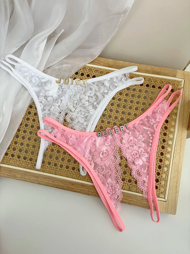 Custom Name Crystal Letter Briefs Sexy Lace Crotchless Knickers Hollow Waist Panties Open Gear Underpants Girlfriend Wife Gift