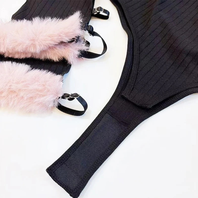 SENMHS Original Japanese Sweet Lolita Cat Girl Cosplay Set Women Kawaii Cat Paw Bikini with Hooded Bodysuit Photo Shoot Hallowee