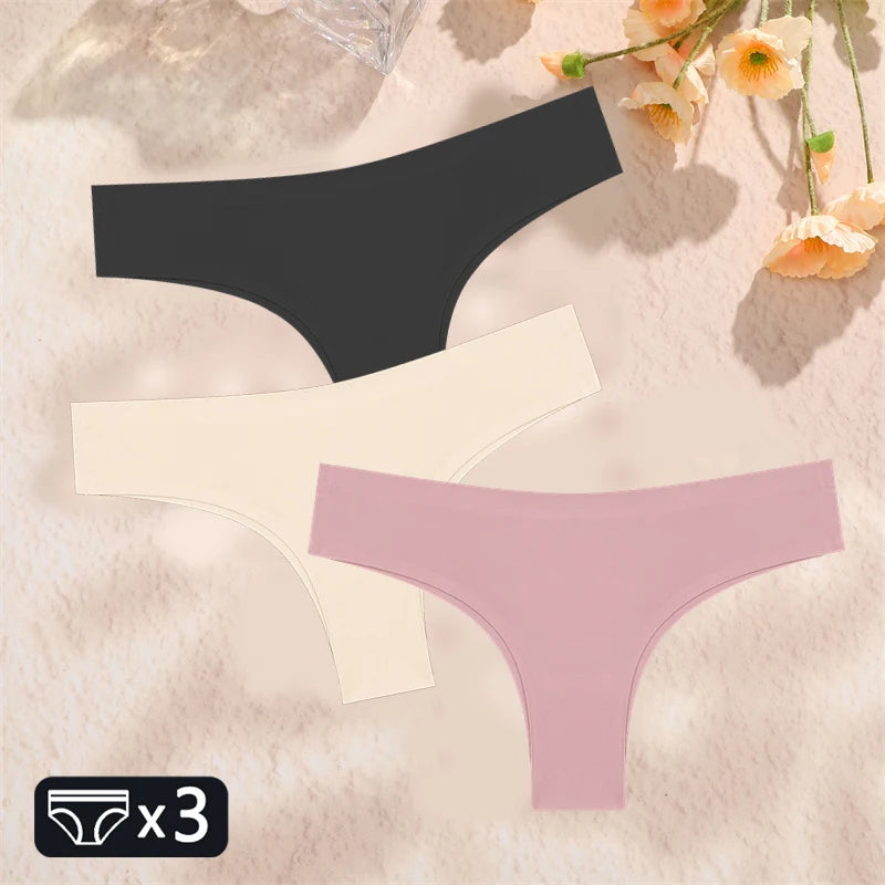 FINETOO 3PC Women Seamless Panties Sexy Brazilian Thong Female Low Waist Solid Color Briefs Comfortable Invisible G-string Panty