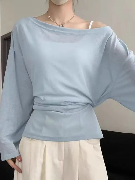 See Through Long Sleeve Oversize T Shirt Women Sexy Back Bandage Off Shoulder Top Female Basic Long Tees Korean Chic Lady New