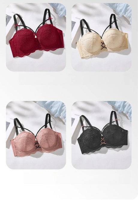 Half Cup Hot Bra for women Gathered Bowknot Brassiere Large Size Push Up Lace Tube Top Lace Big Chest Revealing Small Lace Bra