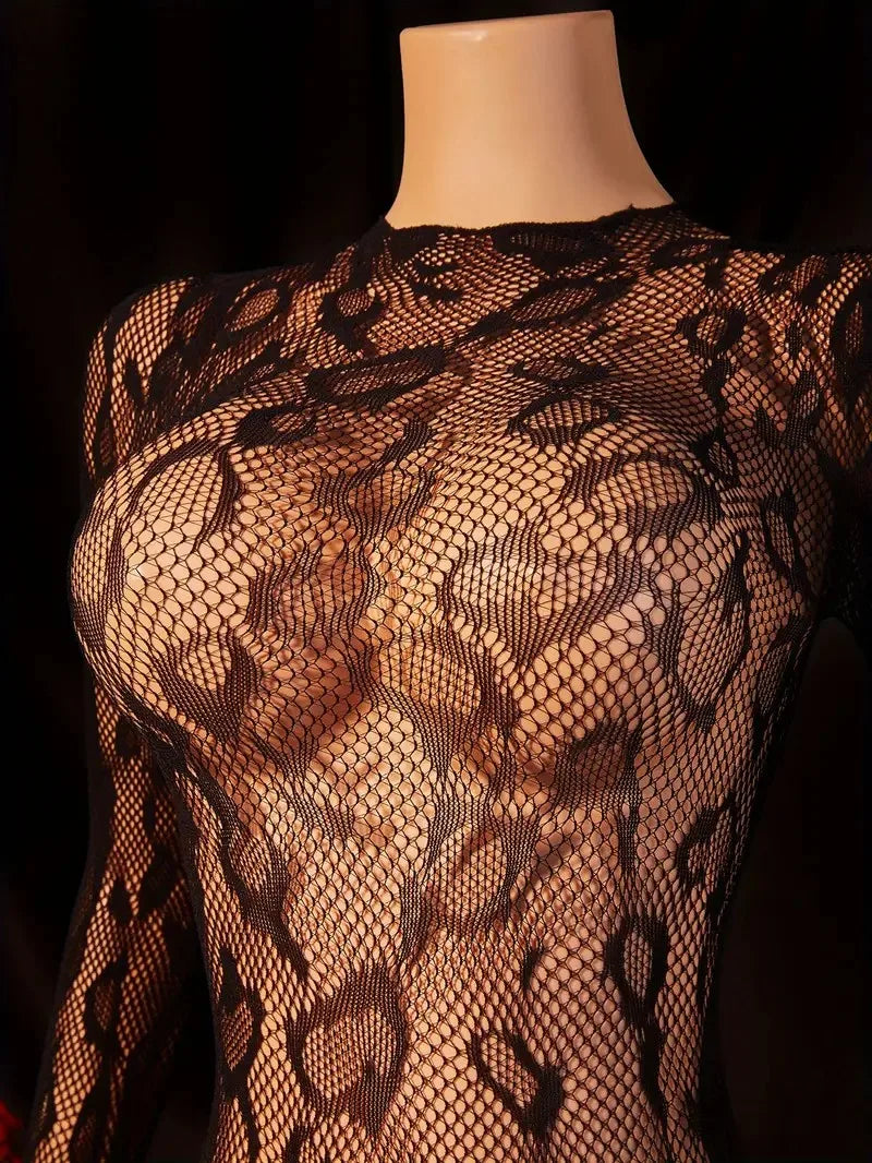 Sexy Crotchless Lingerie Women Open Back Teddies Body Suits Mesh See Through Bodystockings Full Sleeve Leopard Print Bodysuits