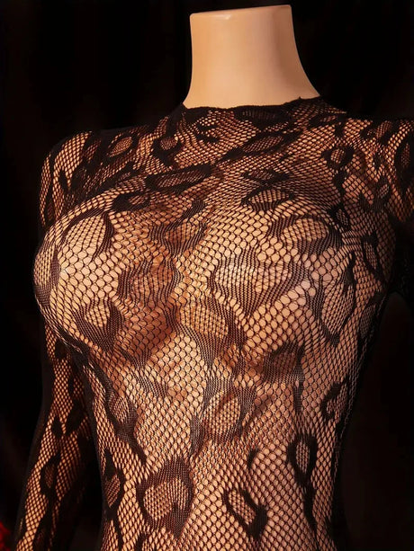 Sexy Crotchless Lingerie Women Open Back Teddies Body Suits Mesh See Through Bodystockings Full Sleeve Leopard Print Bodysuits