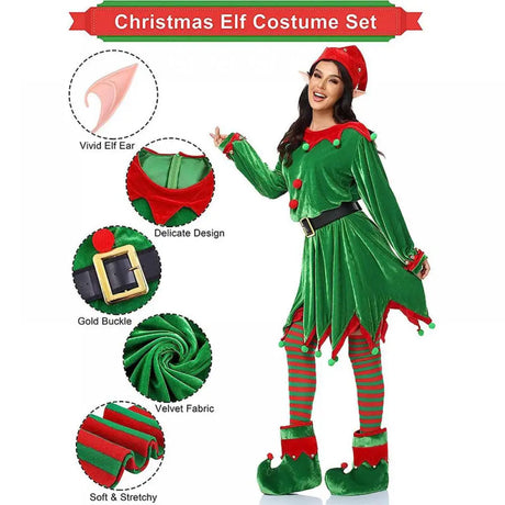 Adult Christmas Themed Elf Cosplay Costume Set Full Outfit with Long-Sleeve Green Dress for Holiday Parties Christmas Attire