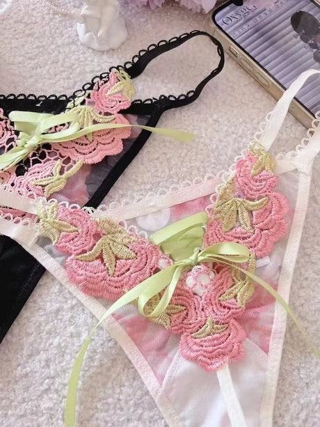 Women Underwear Sexy Lace Strap Embroidery Hollowed Out Seamless Lingerie Adjustable Thong See Through Lace Thongs Panties