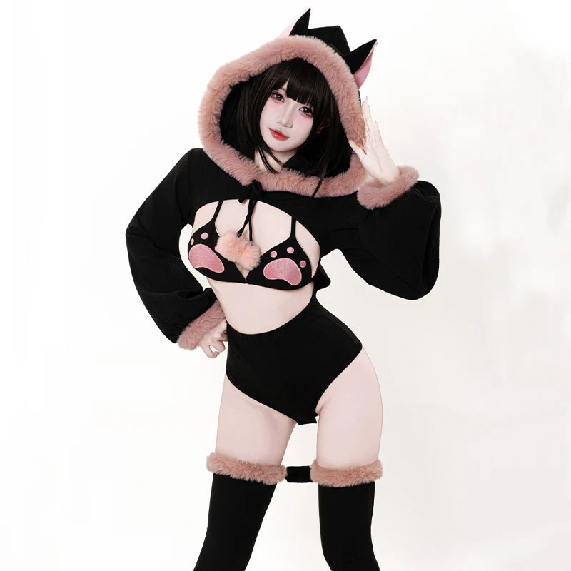 SENMHS Original Japanese Sweet Lolita Cat Girl Cosplay Set Women Kawaii Cat Paw Bikini with Hooded Bodysuit Photo Shoot Hallowee