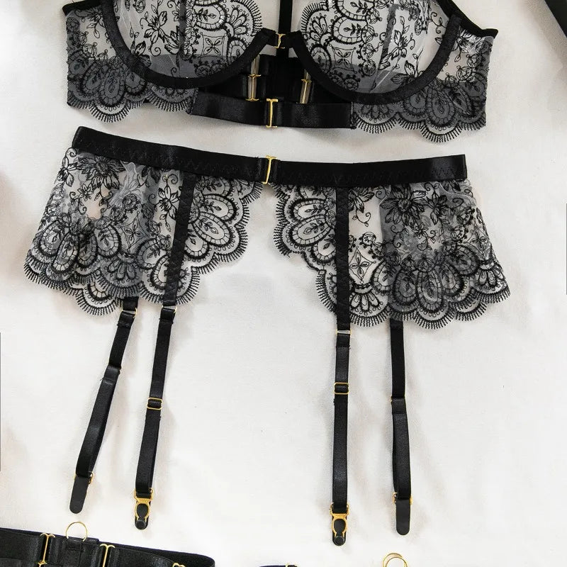 Sexy Lace Lingerie Set With Garter Belt Eyelash Underwire Bra Nude Illusion Strappy Sensual Costume Exotic Underwear Party Club