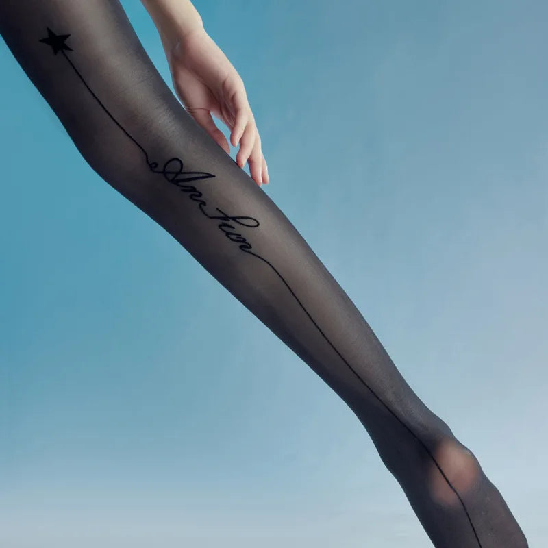 Fashion Sexy Women's Pantyhose Thin Black Silver Line Lolita Pattern Hot Desire Nylon Tights Flocking Letters Design