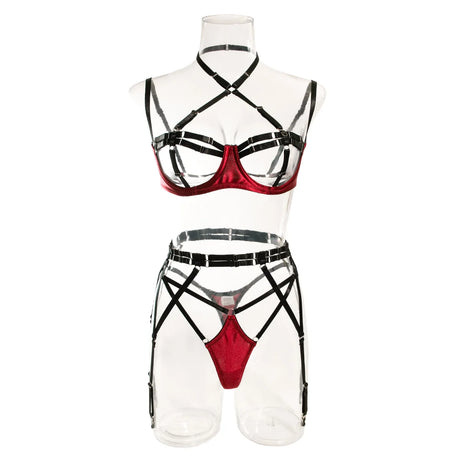 Sexy Lingerie Set for Women Hollow Out Open‑cup Underwire Bra Garter Belt Multi‑piece Bondage Lingerie Kit