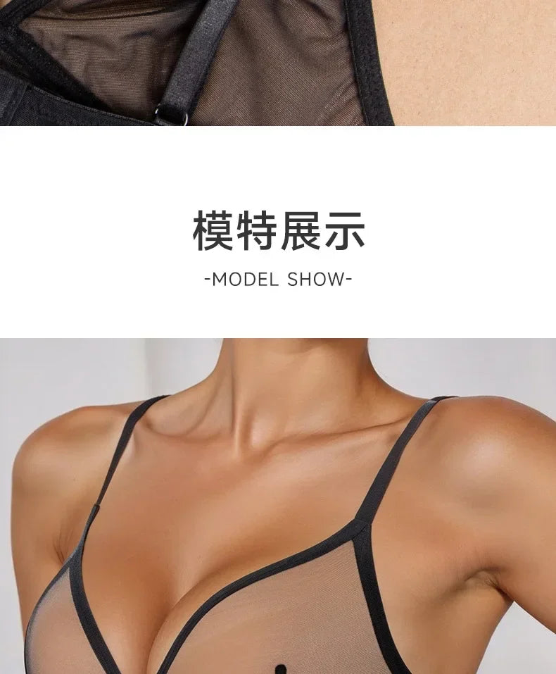 Sexy Transparent Ladies' Brassiere Three-piece Women's Bra Small Bust Mesh Lingerie Ultra-thin Triangle Double Shoulder Straps