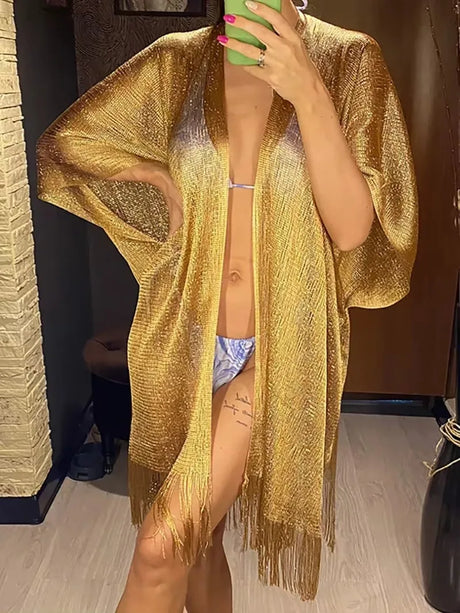 Swimsuit Cover-ups Fashion Tassel Gold Bikini Beach Cover Up Sexy Beach Dress Tunics for Women Summer Wear See Through