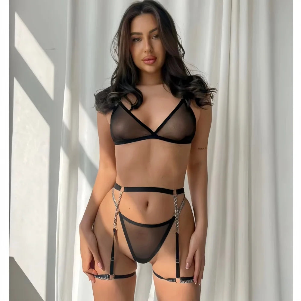 New Sexy Ultra-thin Mesh Bralette And Thongs See-through Metal Chain Decoration 4 Pcs Sexy Lingerie Set Female Underwear