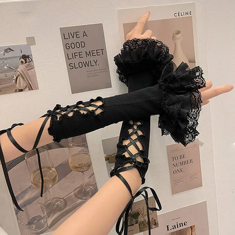 Women Lace Ruffle Arm Warmers Fingerless Gloves Tie-up Elbow Length Sleeves Y2K Aesthetic Kawaii Lolita Oversleeve Cuffs Covers