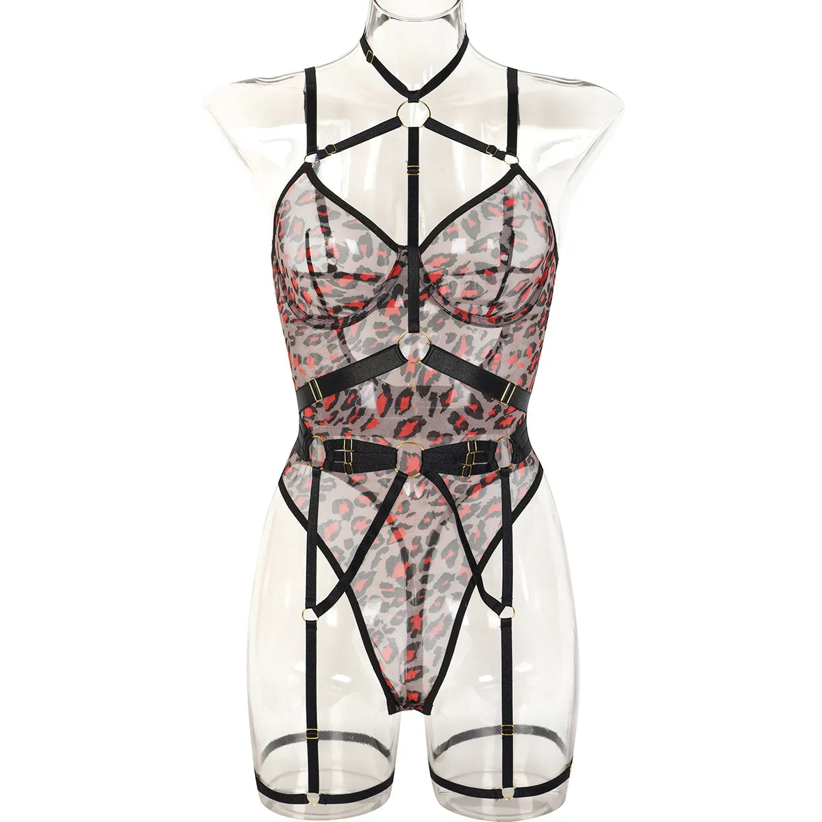 Leopard Print Strappy Bodysuit Blue Caged Harness Lingerie Sexy Mesh Sheer Teddy Underwire Erotic Lenceria Mujer