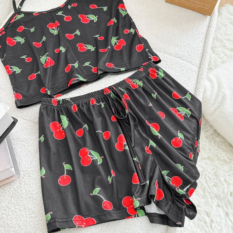 Women Casual Pajama Ladies Sexy Sleepwear Print Round Neck Ice Silk Top T-Shirt and Shorts Sets Breathable Comfortable Home Wear