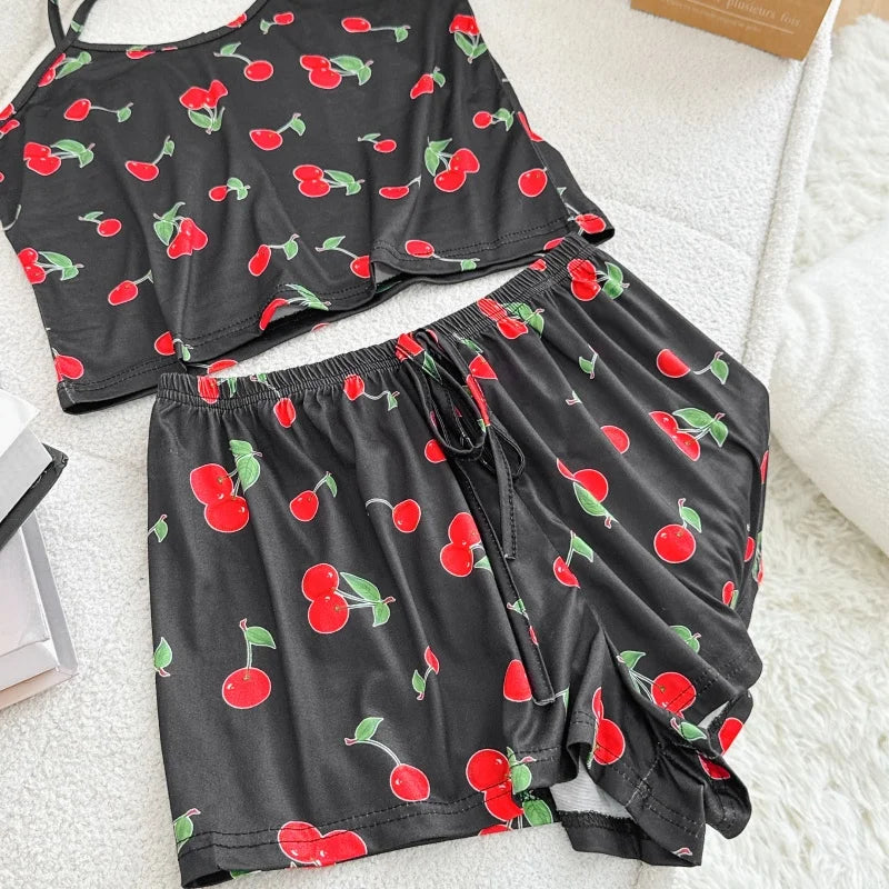 Women Casual Pajama Ladies Sexy Sleepwear Print Round Neck Ice Silk Top T-Shirt and Shorts Sets Breathable Comfortable Home Wear