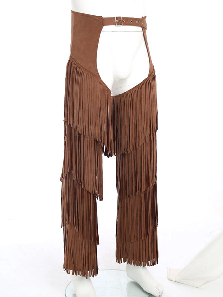 Mens Western Cowboy Chaps Fuax Suede Tassel Hollow Out Open Crotch Long Pants Adjustable Buckles Waist Motorcycle Biker Trousers