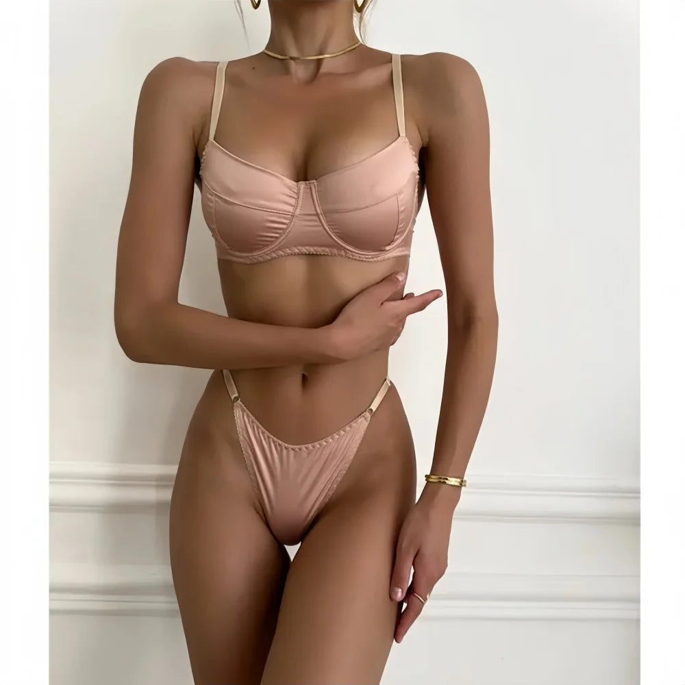 Krasapt Romantic Satin Lingerie 2 Pcs Sets Sexy Patchwork Bras And Thongs Underwear Suits Wedding Night Erotic Intimate Outfits