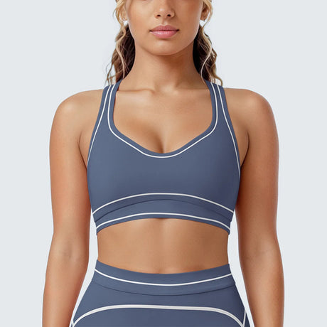 Women's Yoga Bra Vest Fitness Tank Running Workout Gym Top Push Up Padded Soft Slim Contrast Piping Racerback Sports Underwear