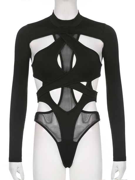 Women Bodysuits Long Sleeve High Neck Cut Out Leotard Body Top Y2K Gothic Club Shirts Summer Fall Streetwear