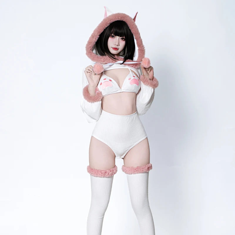 SENMHS Original Japanese Sweet Lolita Cat Girl Cosplay Set Women Kawaii Cat Paw Bikini with Hooded Bodysuit Photo Shoot Hallowee