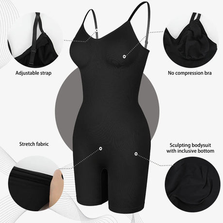 Women V Neck Shapewear Tummy Control Bodysuit Breathable Tank Top Sexy Adjustable Strap Full Body Shaper High Stretch Anti Chafing Faja Invisable Comfortable Shorts Slimming Waist Trainer Butt Lifter 3 Colors Available