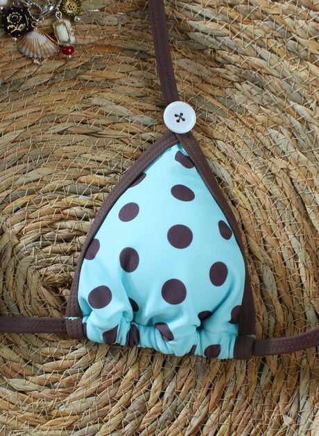 Vintage Polka Dot 3 Piece Bikini Set, Button Trim Ruffle Skirt Cover Up Halter Triangle Swimsuit