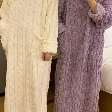 Winter Long Sleeve Double Pocket Flannel Nightgowns Women Loose Solid Sleepwear Jacquard Night Dress Thickened Warm Nightdress