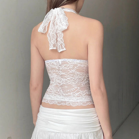 Y2K Women Lace Halter Neck Tank Tops Sleeveless Backless Tie-Up Camisole Summer Crop Tops Going Out Streetwear Party Tops
