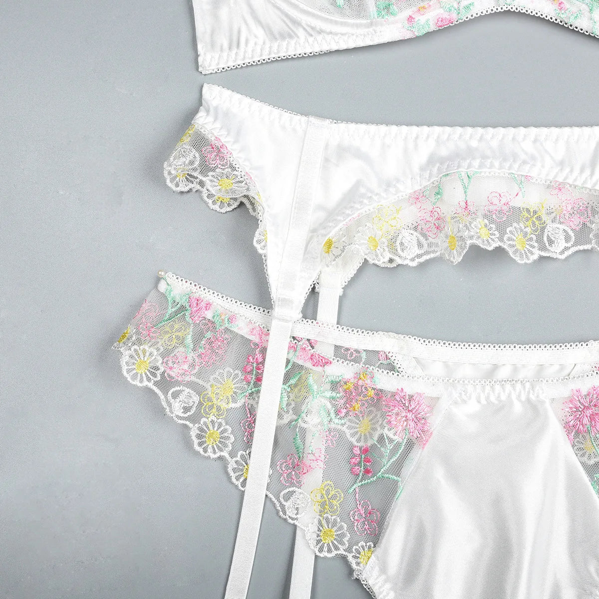 New White Floral Embroidery Fairy Lingerie Sets Transparent Mesh Patchwork Underwear Garter Intimate Panties Erotic Suits