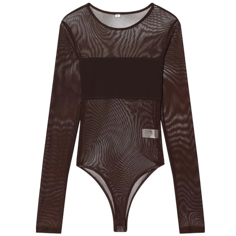 HXAO Brown Transparent Mesh Bodysuit Women 2026 Sexy Slimming Long Sleeve Lingerie Top Chic Tulle Bodycon Thong Fishnet Bodysuit