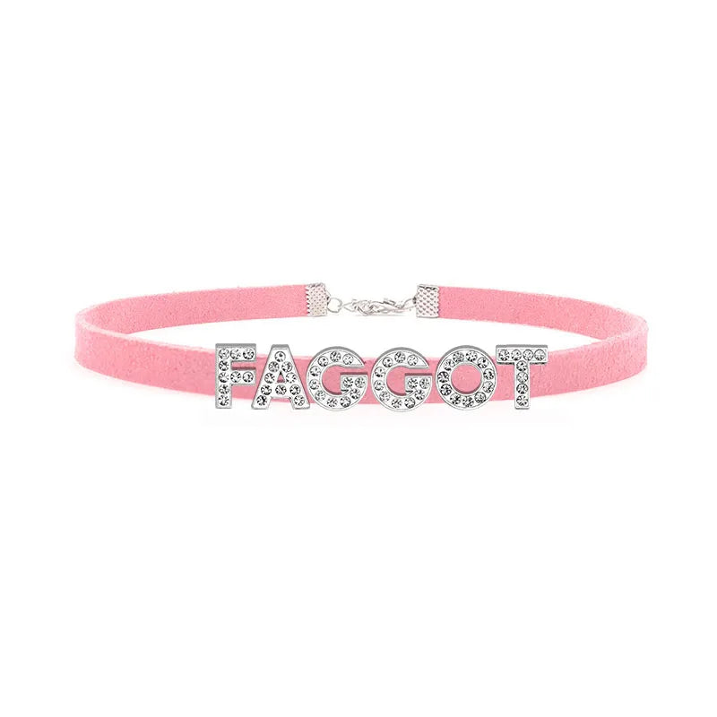 Sexy Rhinestone Letters Hotwife Collar Choker for Women Men DIY Customized Necklaces Pink Suede Leather Cosplay Jewelry Gift